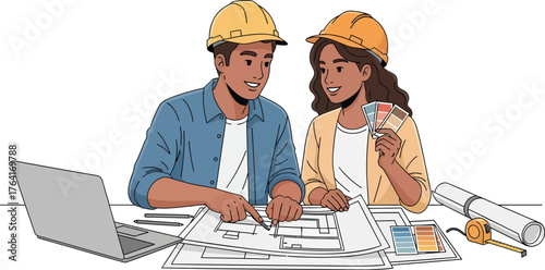Diverse architects collaborate on building plans with blueprints and color swatches, embracing modern design and teamwork