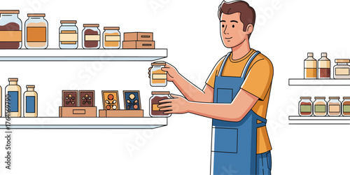 Friendly shopkeeper arranging artisanal goods on shelves, showcasing organic produce and preserves in a modern market setting