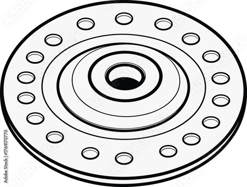 Flange hub vector, circular component, CAD drawing, black and white illustration, engineering schematic, industrial part, concentric holes, machine design, technical diagram, precision element
