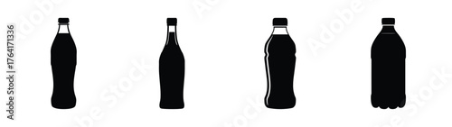 Four dark beverage bottles soda pop refreshment drinks isolated commercial packaging