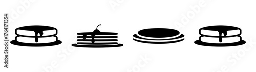 Four stacked pancakes with syrup drizzled deliciously for breakfast or brunch meals