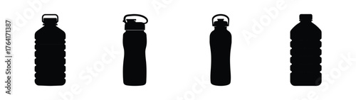 Collection of four distinct black water bottles with caps and unique shapes