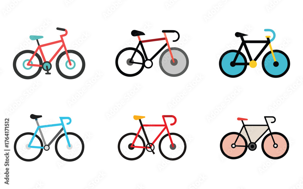 Fototapeta premium Collection of colorful bicycle illustrations showcasing different styles and designs for transportation fitness and recreational activities in a modern flat design