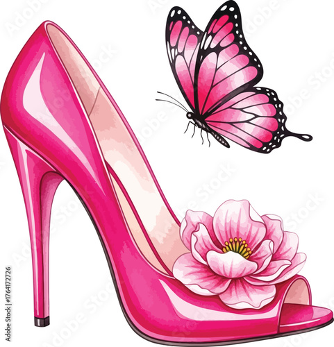 Glamorous Pink High Heel Shoe with Flower and Butterfly Vector