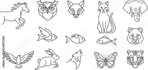 Animal icons horse owl fox cat elephant panda eagle rabbit wolf butterfly tiger fish