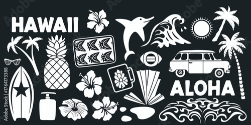 Hawaiian aloha collection featuring tropical icons and beach elements on black background