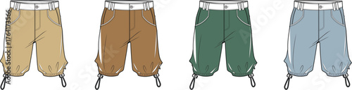 Stylish vector fashion illustrations of four women's casual cropped pants, in various colors with drawstring details, ideal for apparel design