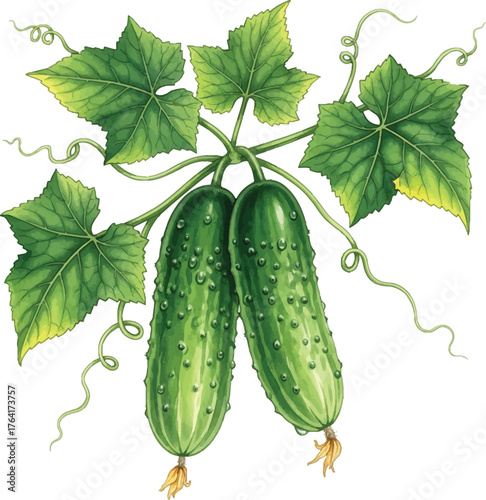 Fresh Watercolor Cucumbers on the Vine Illustration Vector