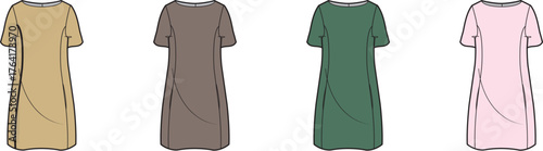Four minimalist women's midi dresses in beige, brown, green, and pink, offering comfortable and versatile options for casual everyday fashion design