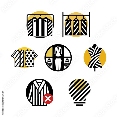 A cohesive set of 7 minimal vector icons in optical-art style, featuring black-and-white stripes with bright yellow and red accents.