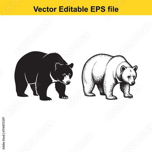 Vector art of black and white illustration of a bear walking