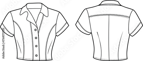 PrintWomen cropped shirt, short sleeve button front blouse design, stylish collar, fashion flat sketch, elegant clothing pattern illustration for apparel design template
