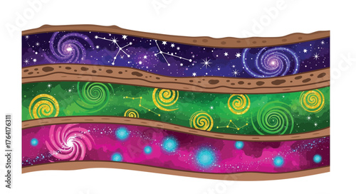 Layers of colorful space with swirls stars and galaxy patterns shown