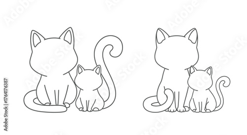 Simple line drawing of two pairs of cats large and small