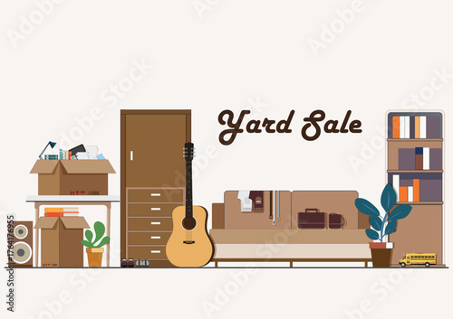 Yard sale scene with various secondhand items.
