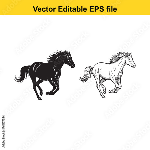 Vector art of two horses, one black silhouette and one detailed sketch, galloping