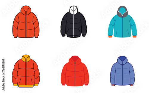 Colorful Puffer Jackets Set Vector Illustration for Fashion Design and Winter Clothing Concepts in Graphic Style