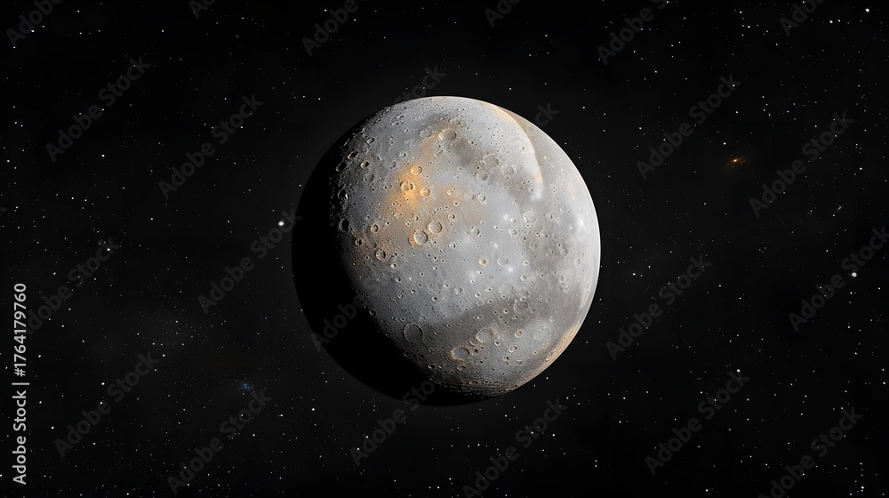Fototapeta premium A detailed view of the planet Mercury against the dark starry backdrop of space, showing its heavily cratered surface illuminated during its local noon. Solar System illustration.