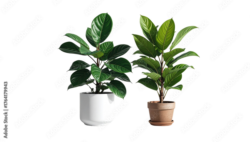 Fototapeta premium Two green potted plants in different pots isolated on transparent background