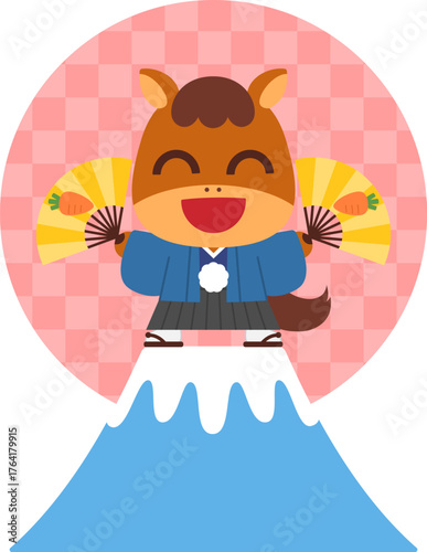扇子を持った馬のキャラクターと富士山
