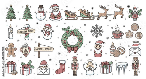 winter, season, icon, holidays, celebration, decoration, vector, illustration, line art, design, tree, snowman, gift, reindeer, candle, cookies, snowflake, angel, nutcracker, stocking
