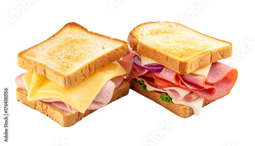  Two ham and cheese sandwiches in different styles isolated on transparent background
