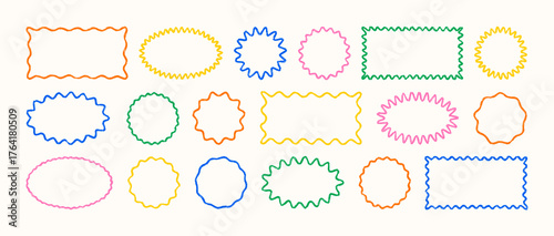 Crayon Outline Wavy Edge Oval, Circle, Rectangle Stickers Set. Vector Hand Drawn Pencil Jagged Geometric Shapes in Retro Style. Doodle Abstract Elements for Frame, Stamp, Template, Promo Design