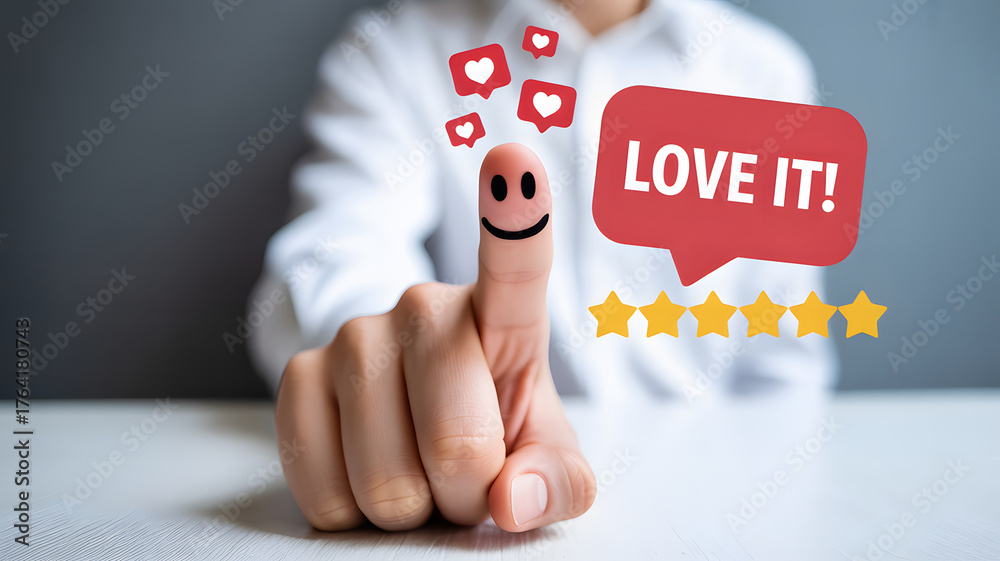 Obraz premium Boost your brand with 5-star reviews and happy customers pointing to success with love and heart feedback, perfect for social media engagement