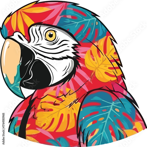 Parrot bird tropical leaves colorful design illustration exotic nature art