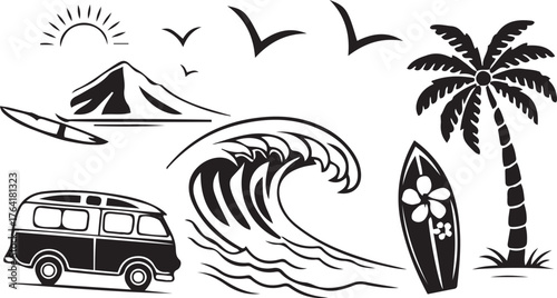 Tropical Beach Surfing Vector Icons Set Summer, Ocean, Travel, Vacation Elements