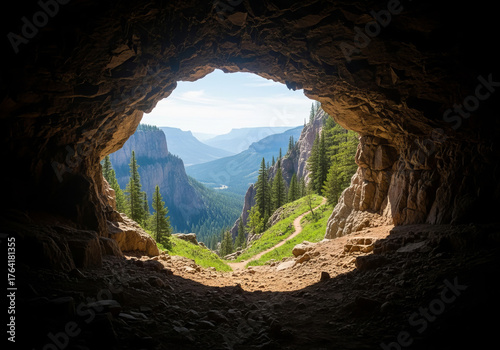 A picturesque view of the exit from a dark large cave into open terrain.