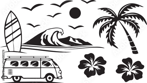 Tropical Beach Surfing Vector Icons Set Summer, Ocean, Travel, Vacation Elements