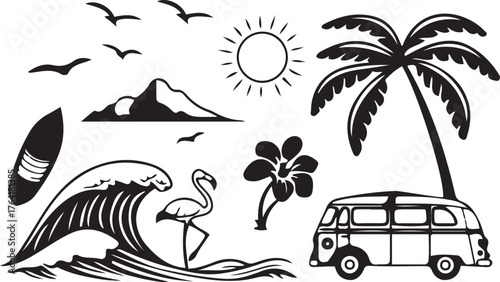 Tropical Beach Surfing Vector Icons Set Summer, Ocean, Travel, Vacation Elements