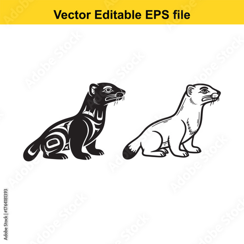 Vector art of two weasel animals, one in black silhouette with tribal pattern and one in white outline