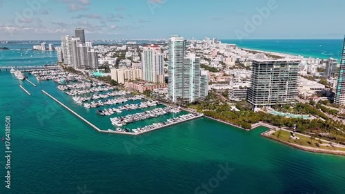 View of luxury Miami Florida. Summer vacation. Marina dock. Miami south beach marina. Luxury South beach marina. Miami south beach view. Docked luxurious yacht boat. Luxurious lifestyle