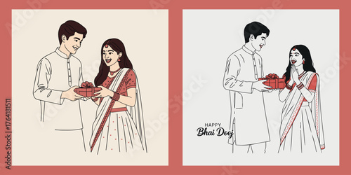 Happy Bhai Dooj. A brother presents a beautifully wrapped gift to his overjoyed sister, celebrating their special bond during the Indian festival.