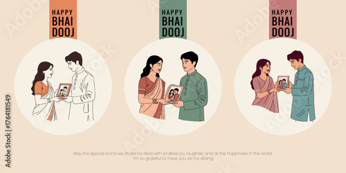Bhai Dooj celebration vector illustration. Siblings, a brother and sister, are seen joyfully exchanging gifts and celebrating the traditional Indian festival.