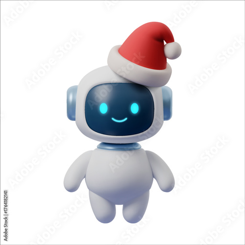 3D robot AI character in Santa hat, cute chatbot mascot and digital assistant. Futuristic robot illustration for Christmas, xmas holiday, winter celebration and festive design. AI robot cartoon 