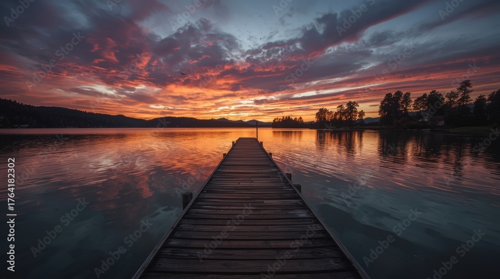 Fototapeta premium Wooden pier extending into a serene lake at dramatic sunset with vibrant orange and purple clouds reflecting on water