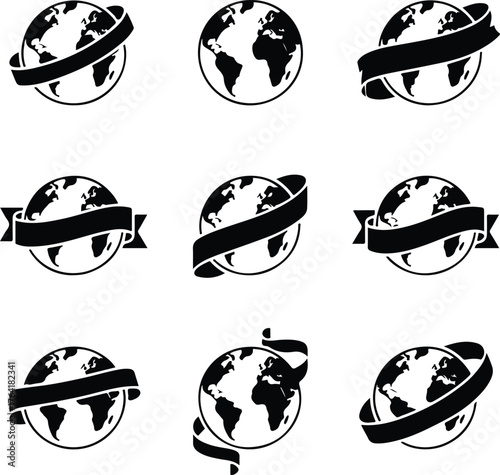 Set of globe icons with surrounding ribbons