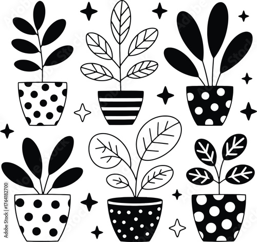 Black And White Hand Drawn Potted Plants With Star Accents Keywords: potted plants, houseplants, indoor plants, greenery, leaves, foliage, black and