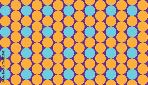 A seamless geometric pattern featuring alternating blue and orange circles on a purple background. The bold color contrast and rhythmic repetition give it a retro, playful look