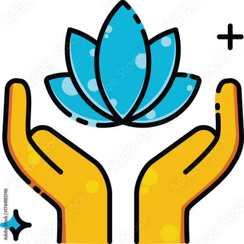 Holistic yellow hands cradle blue lotus, symbolizing peace and spiritual growth. Suitable for wellness, meditation, peacethemed designs, spiritual content.