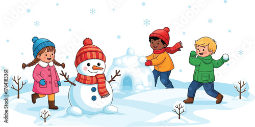 Children playing snow winter snowman snowballs igloo fun happy cold season