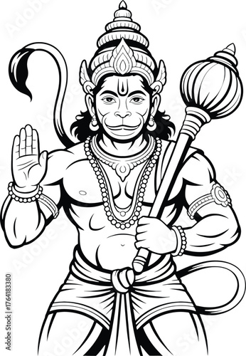 Black and white illustration of Hindu deity Hanuman holding a mace on white background monkey god lord hanuman