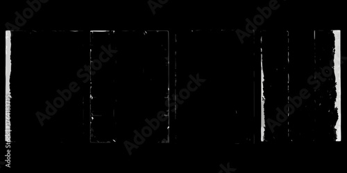 Abstract black and white vertical stripes with distressed edges and grunge texture on a dark background