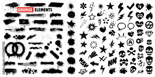 Collection of grunge black ink splatter brush strokes and graphic elements