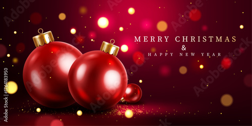 red color birght christmas balls,gold dust decorative dark red merry christmas and happy new year background,greeting card vector illustration.