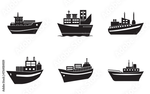 Set of Black and White Vector Ship Silhouettes for Commercial Transportation and Maritime Industry Designs