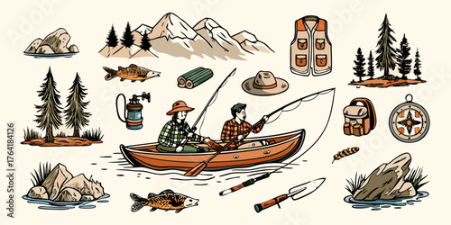 Two people in a canoe fishing on a lake surrounded by nature and outdoor gear illustrations